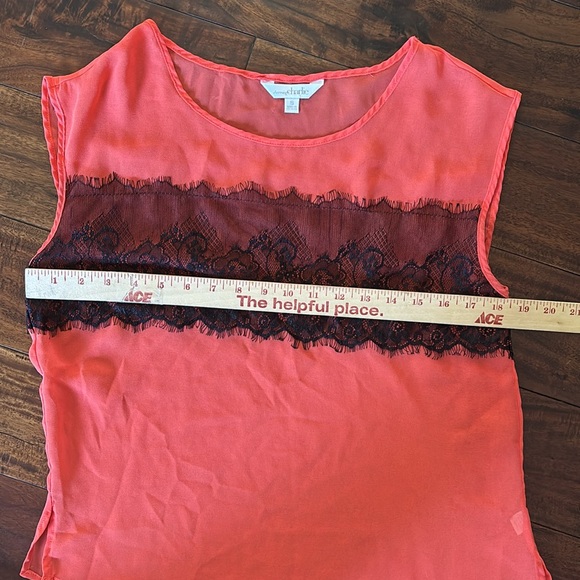Charming Charlie | sheer Coral Top with Black Lace - Picture 6 of 9